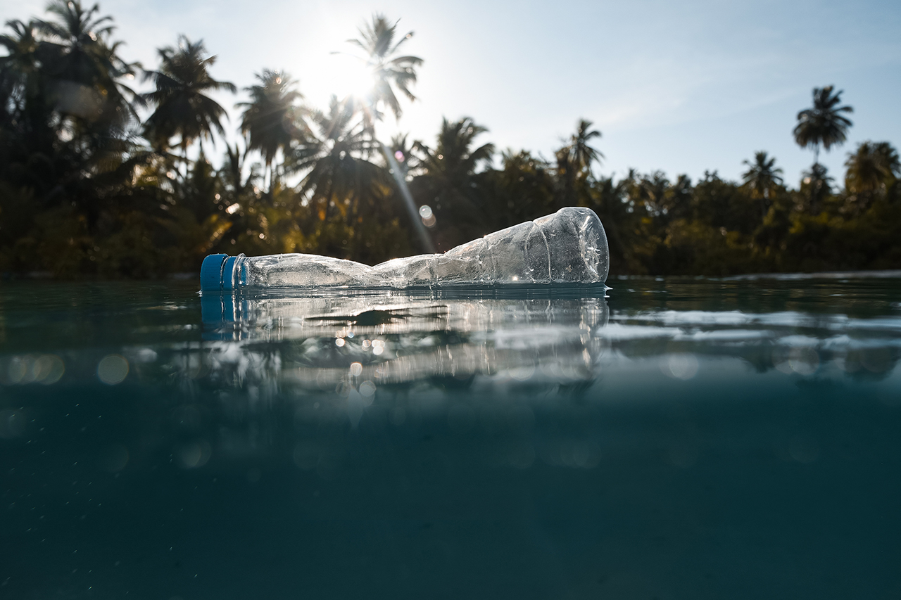 A floating empty plastic bottle