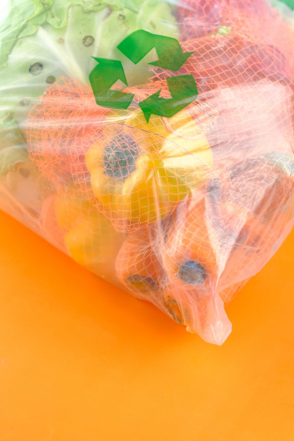 A close-up imagine of vegetables in a recyclable plastic bag